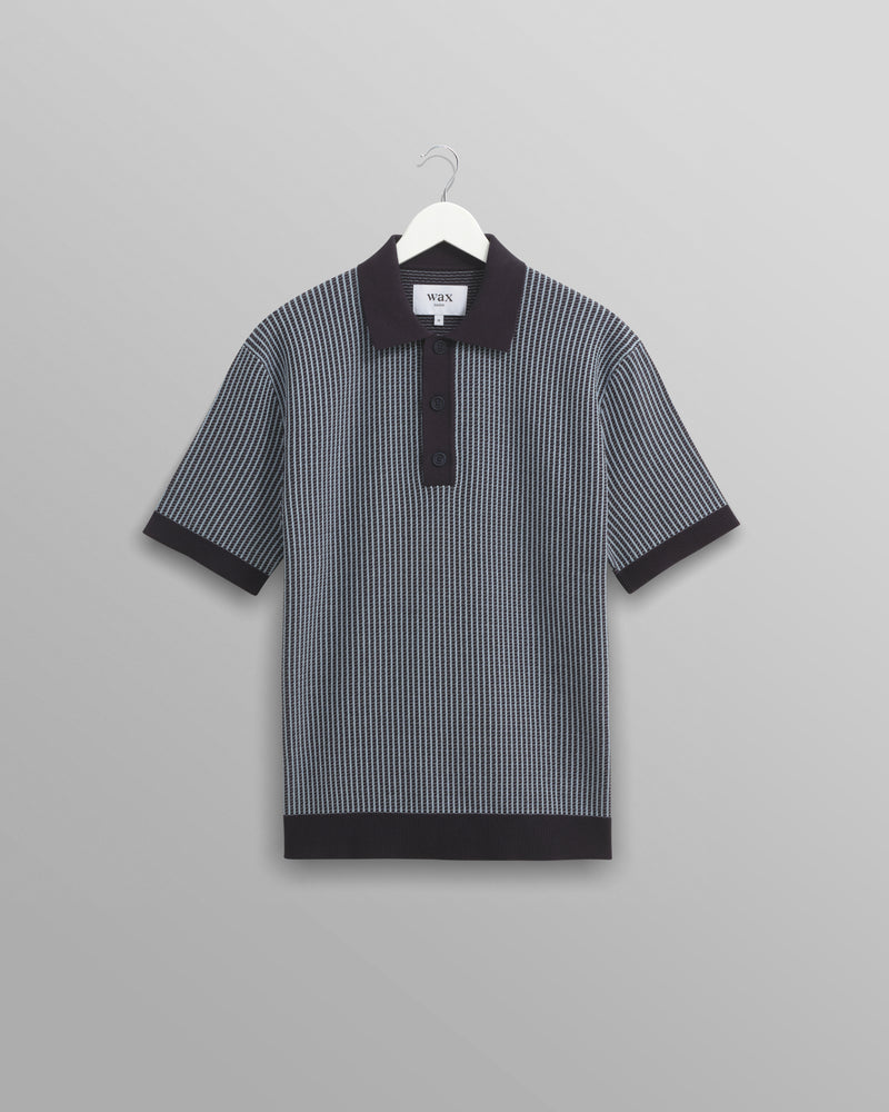 wax london Turin - Navy Ladder Stripe Knitted Cotton Polo