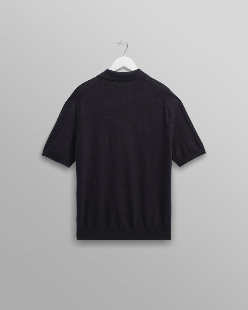 wax london Turin - Navy Slub Knitted Cotton And Linen Polo