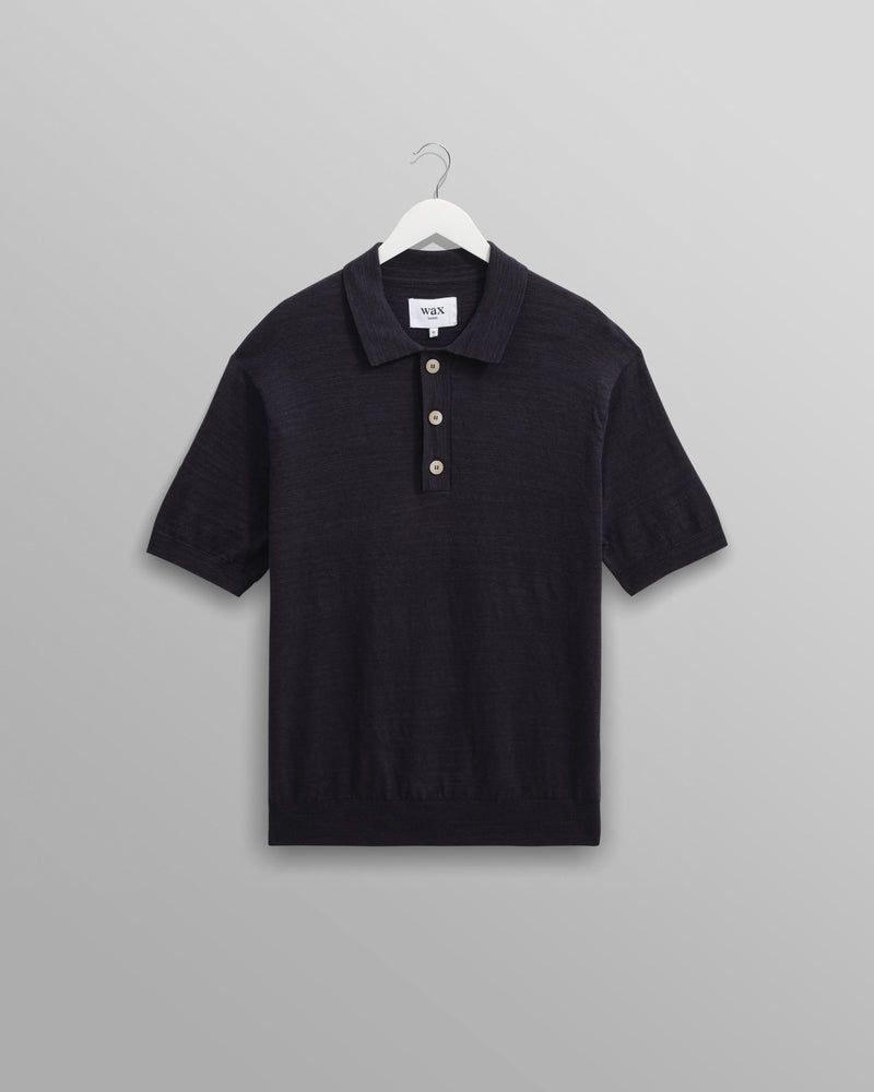 wax london Turin - Navy Slub Knitted Cotton And Linen Polo