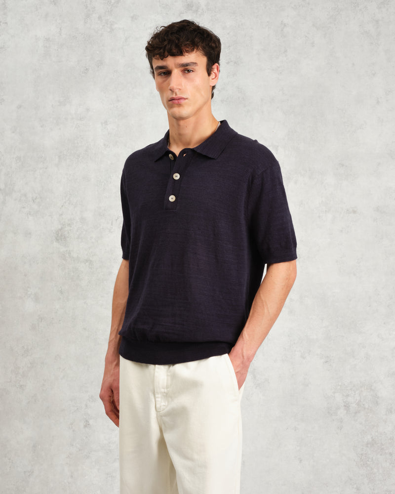 wax london men's Turin - Navy Slub Knitted Cotton And Linen Polo