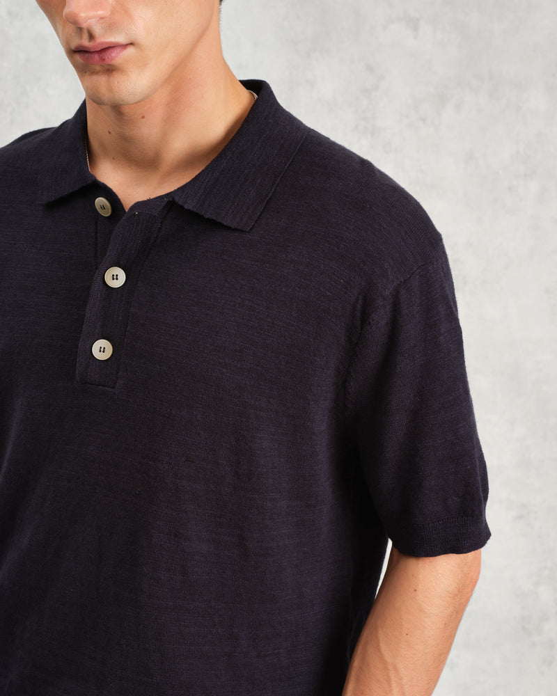 wax london men's Turin - Navy Slub Knitted Cotton And Linen Polo