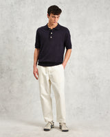 wax london men's Turin - Navy Slub Knitted Cotton And Linen Polo