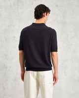 wax london men's Turin - Navy Slub Knitted Cotton And Linen Polo