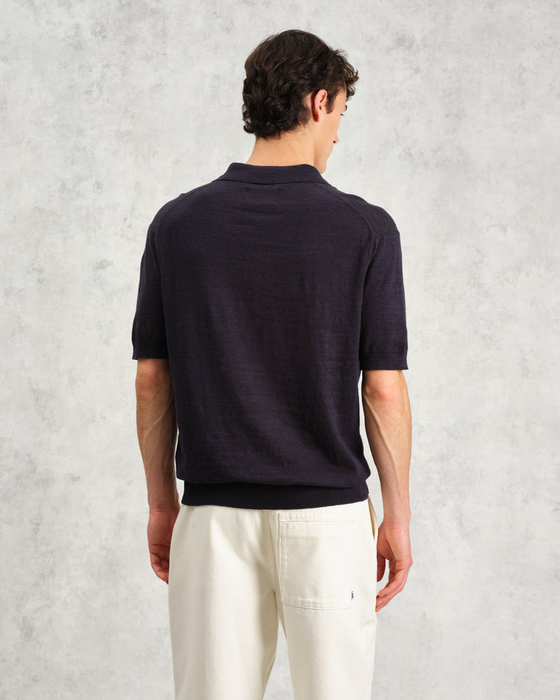 wax london men's Turin - Navy Slub Knitted Cotton And Linen Polo