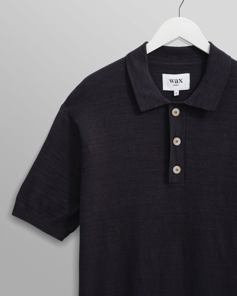 wax london men's Turin - Navy Slub Knitted Cotton And Linen Polo