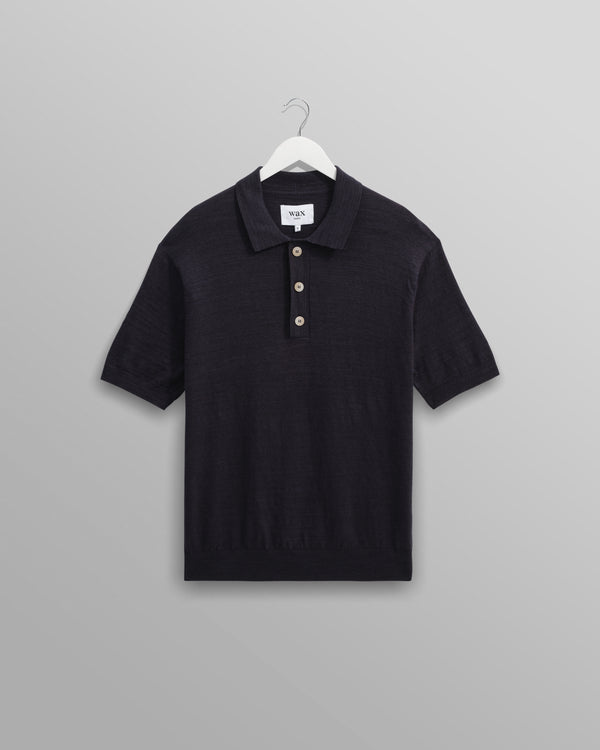 wax london men's Turin - Navy Slub Knitted Cotton And Linen Polo