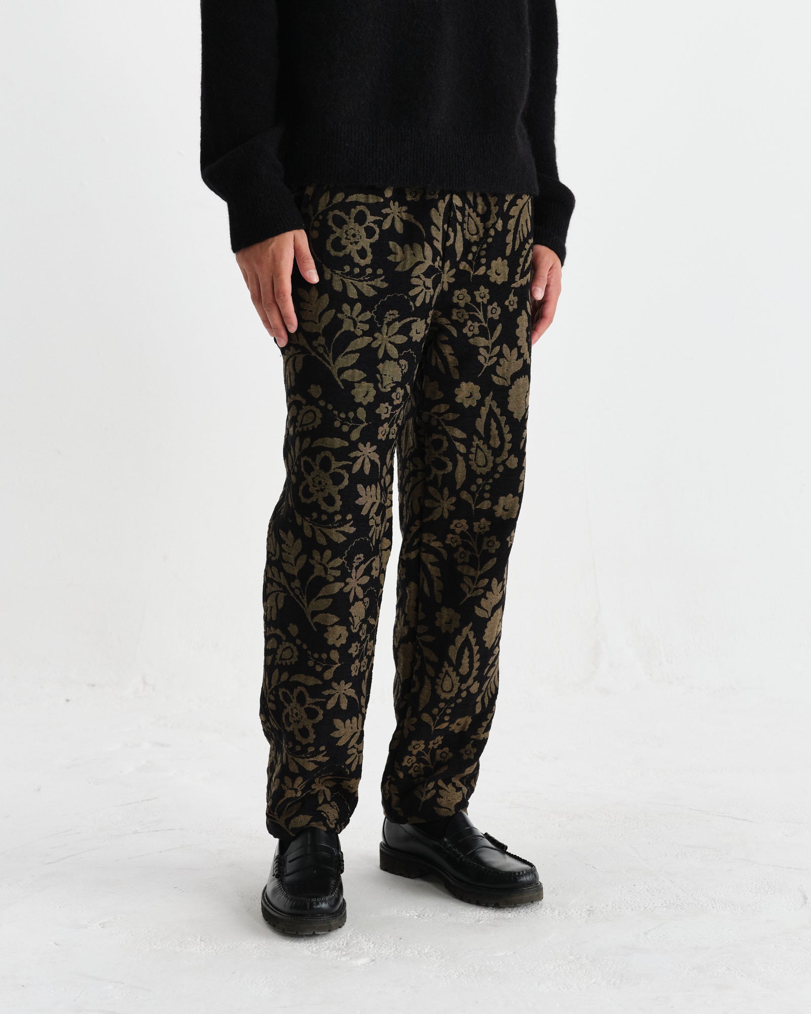 Men's Black And Khaki Chenille Jacquard Trousers | Wax London