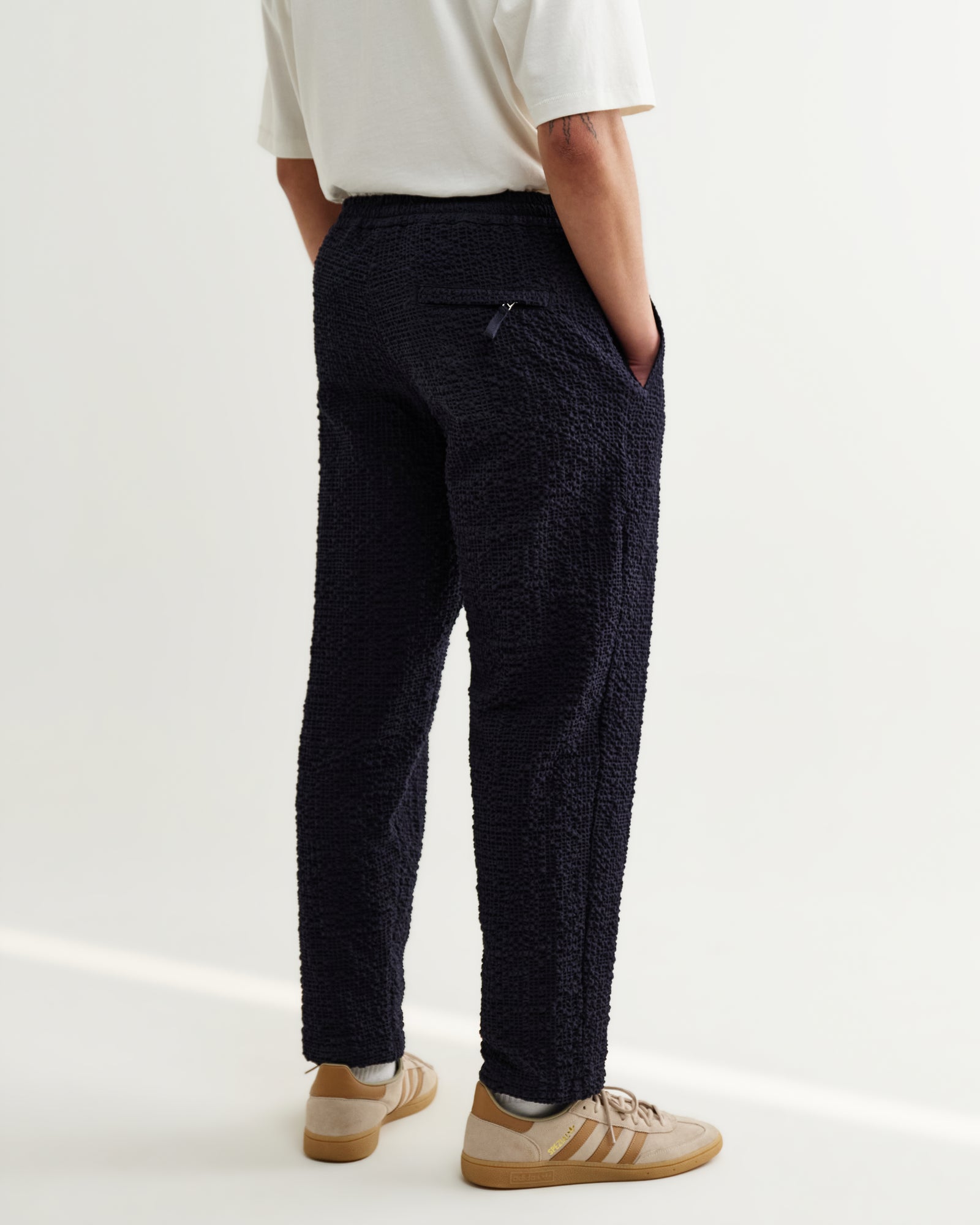 Men's Dark Navy Jumbo Seersucker Loose Fit Trousers | Wax London