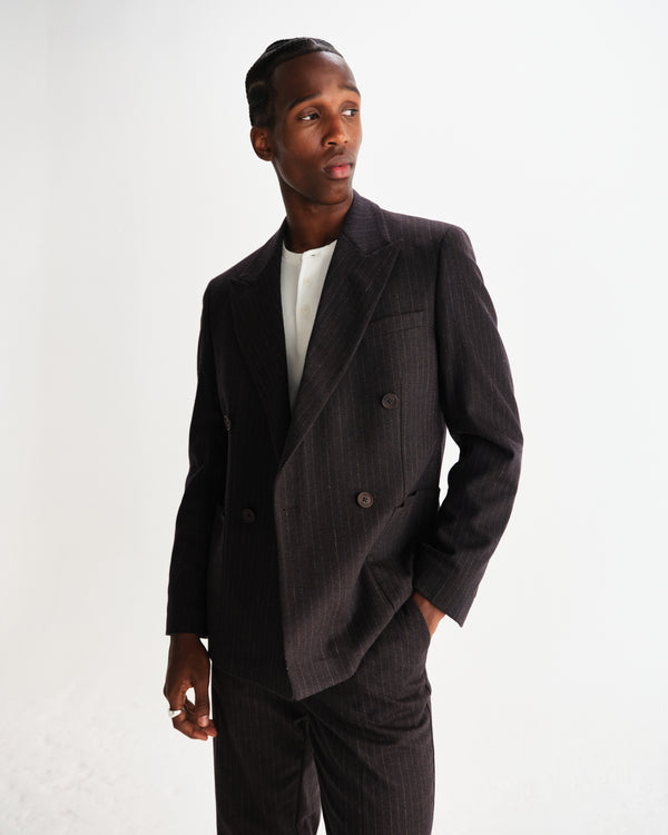 wax london men's Vigo - Dark Brown Double Breasted Wool Pinstripe Blazer