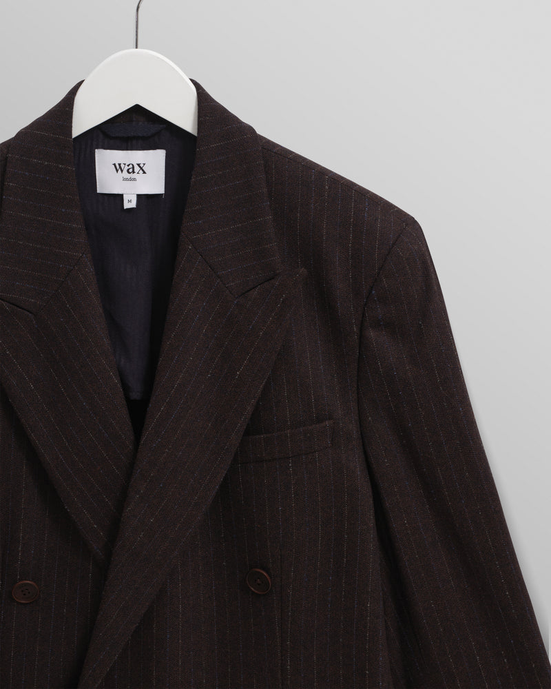 wax london men's Vigo - Dark Brown Double Breasted Wool Pinstripe Blazer