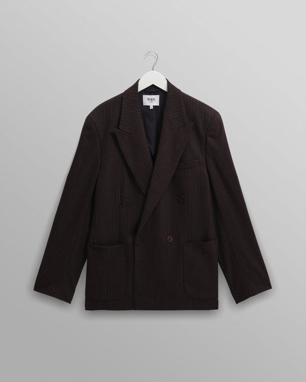 wax london men's Vigo - Dark Brown Double Breasted Wool Pinstripe Blazer