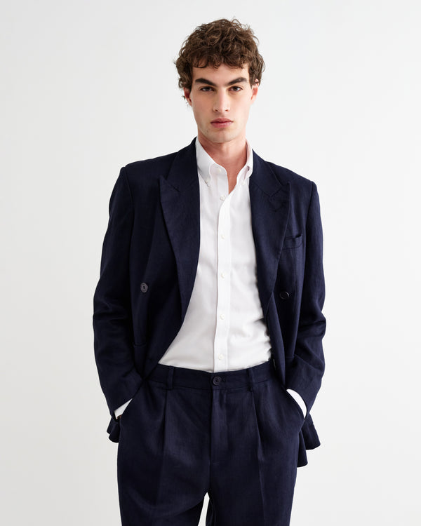 wax london men's Vigo - Navy Linen Double-Breasted Blazer