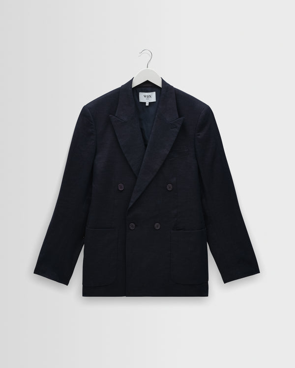 Men's Navy Linen Double-Breasted Blazer | Wax London