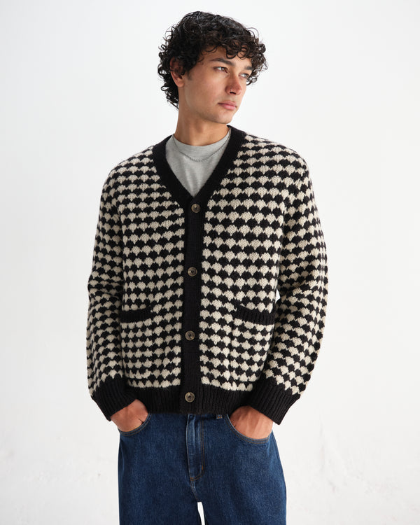 wax london men's Walker - Black And Ecru Bubble Knit Cardigan