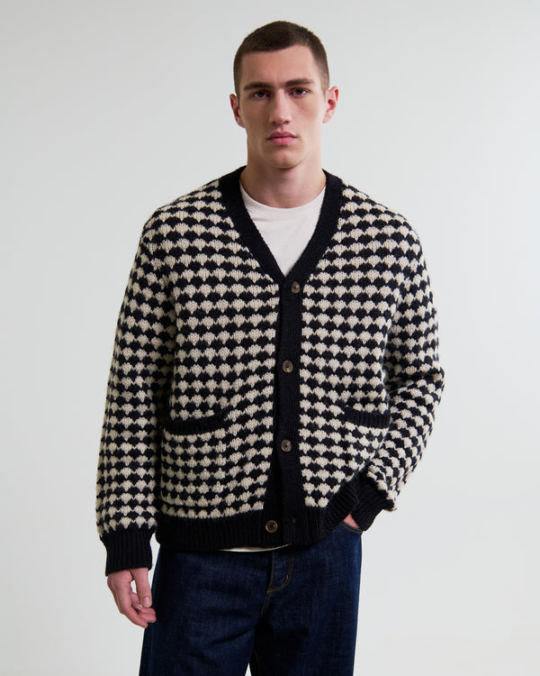 wax london men's Walker - Black And Ecru Bubble Knit Cardigan