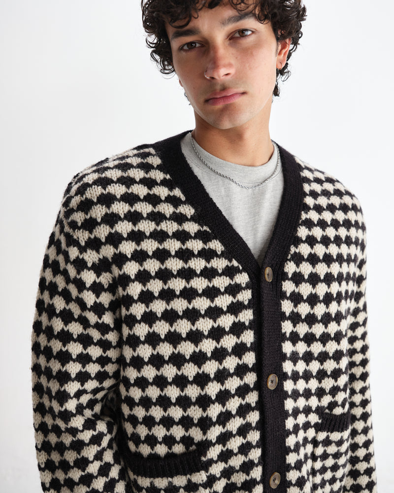 wax london men's Walker - Black And Ecru Bubble Knit Cardigan