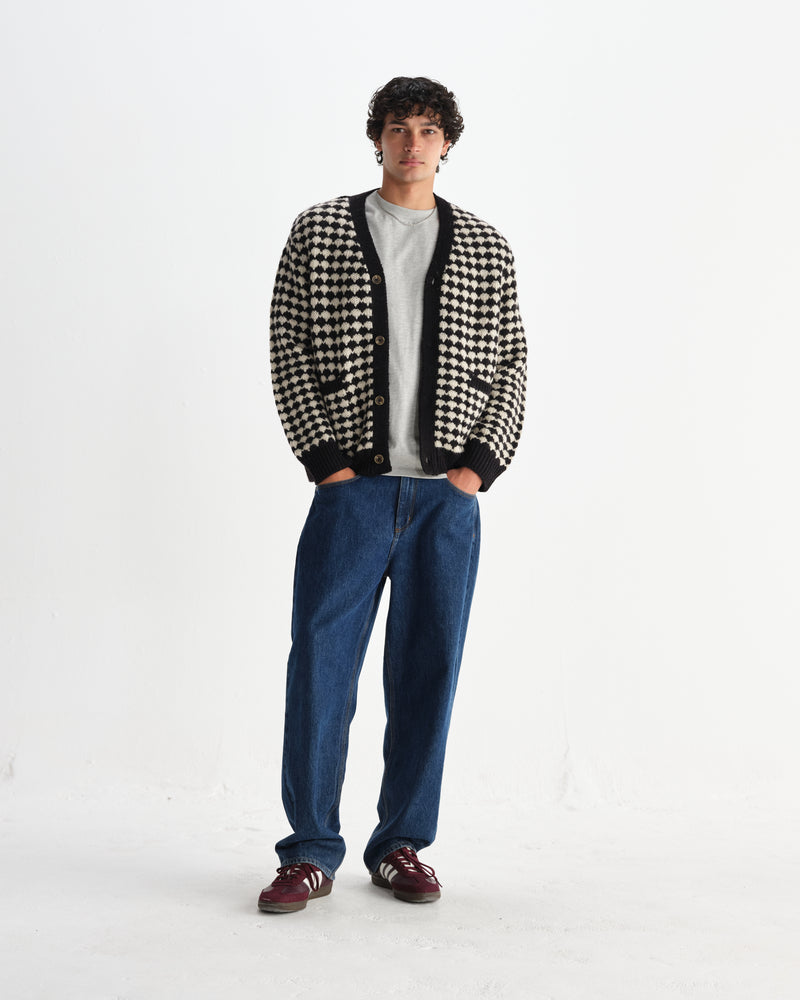 wax london men's Walker - Black And Ecru Bubble Knit Cardigan