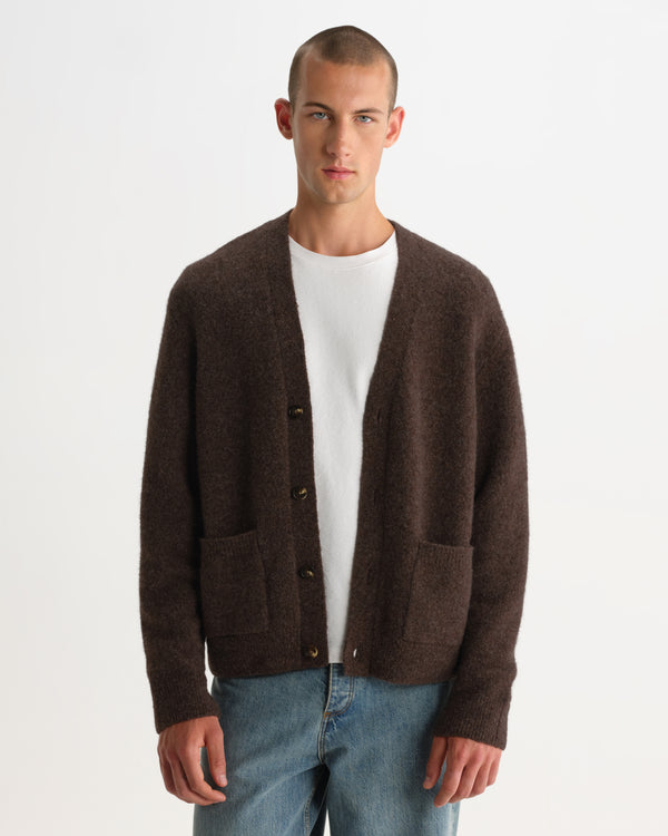 wax london men's Walker - Chocolate Brown Fluffy Wool Knit Cardigan