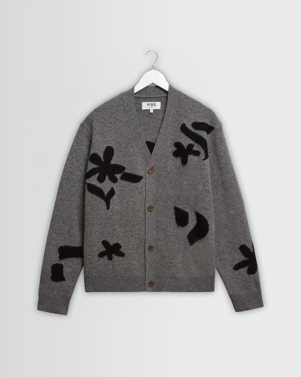 wax london men's Walker - Grey And Black Felted Applique Knit Cardigan
