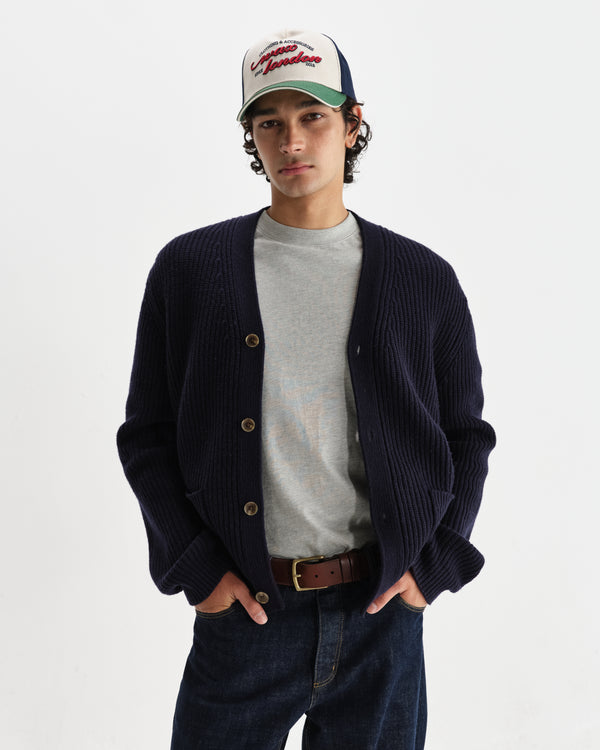 wax london men's Walker - Navy Rib Stitch Knit Cardigan