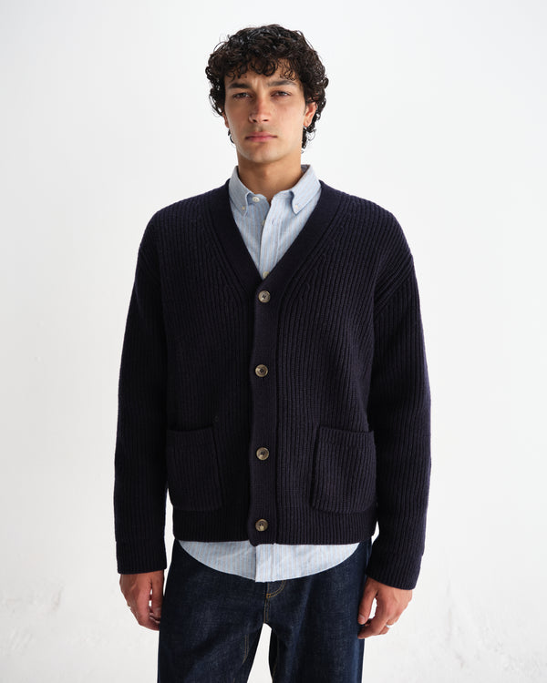 wax london men's Walker - Navy Rib Stitch Knit Cardigan