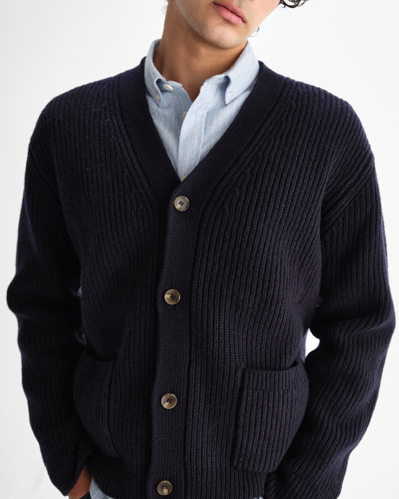 wax london men's Walker - Navy Rib Stitch Knit Cardigan