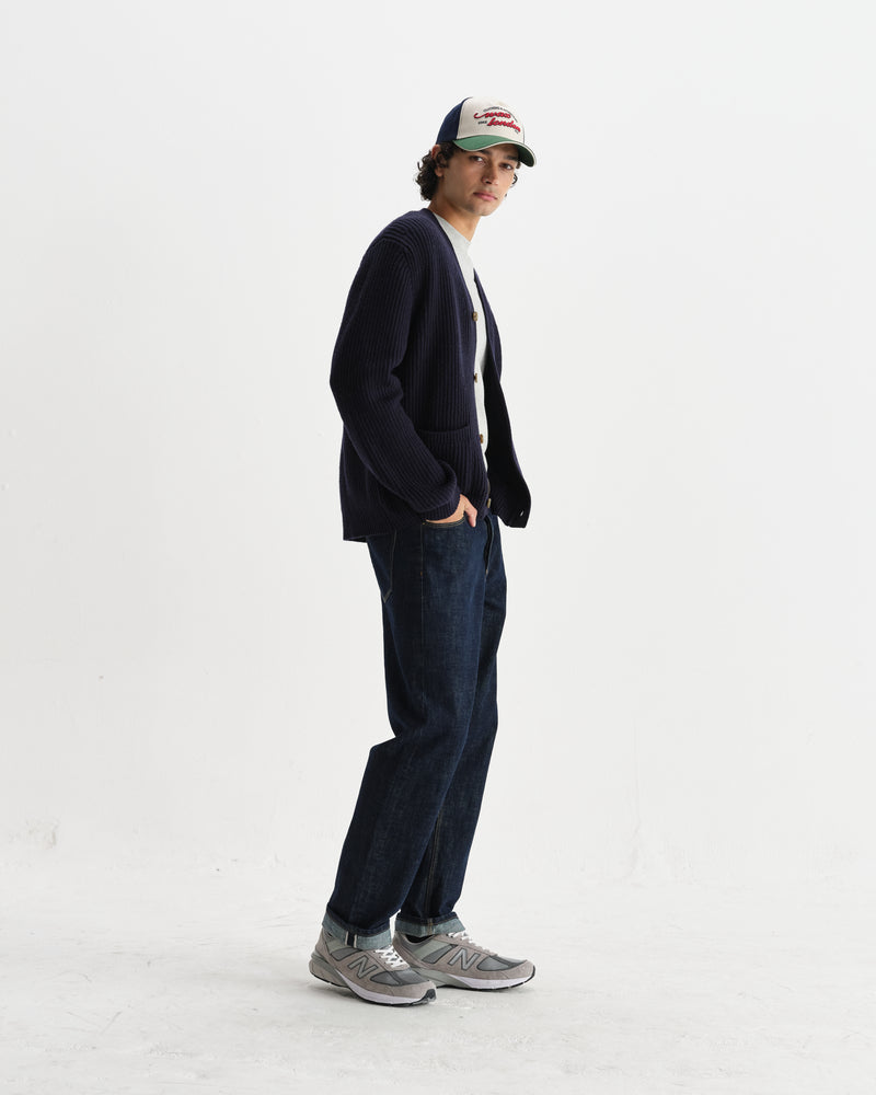wax london men's Walker - Navy Rib Stitch Knit Cardigan