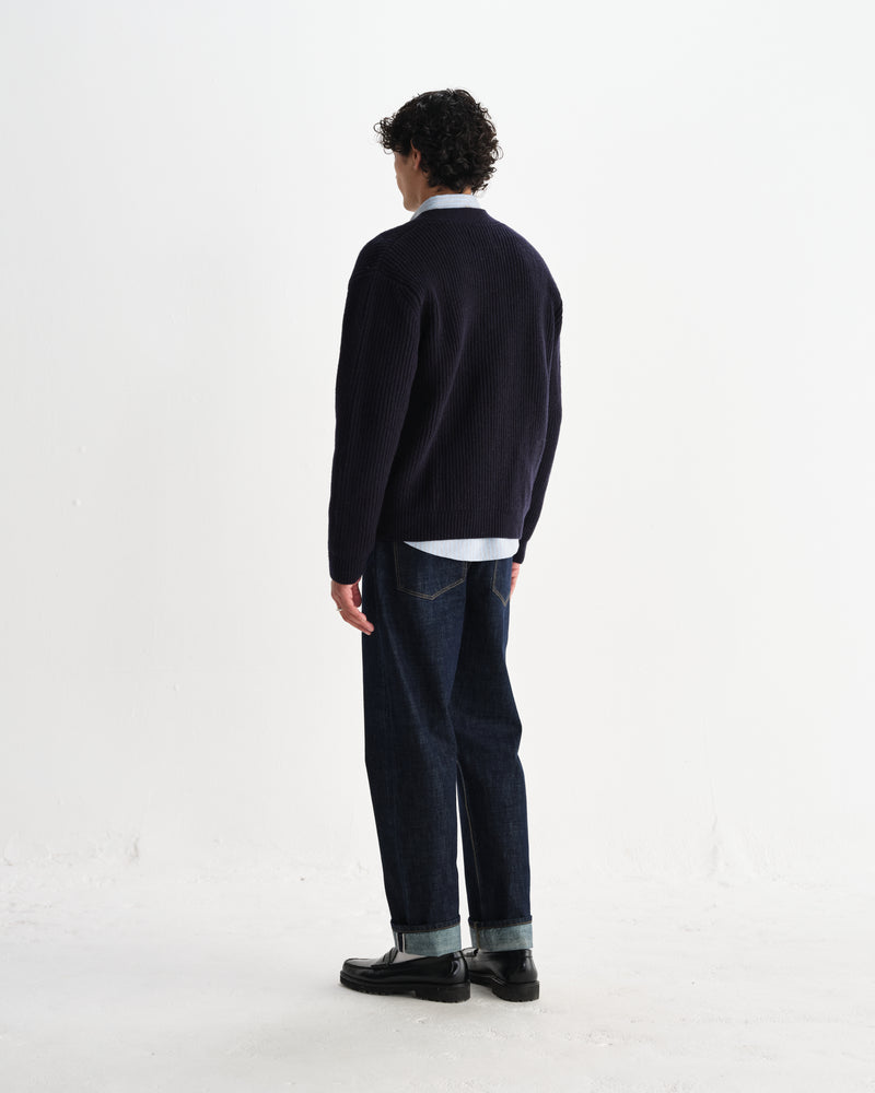 wax london men's Walker - Navy Rib Stitch Knit Cardigan