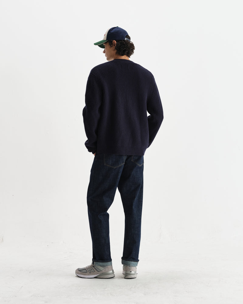 wax london men's Walker - Navy Rib Stitch Knit Cardigan