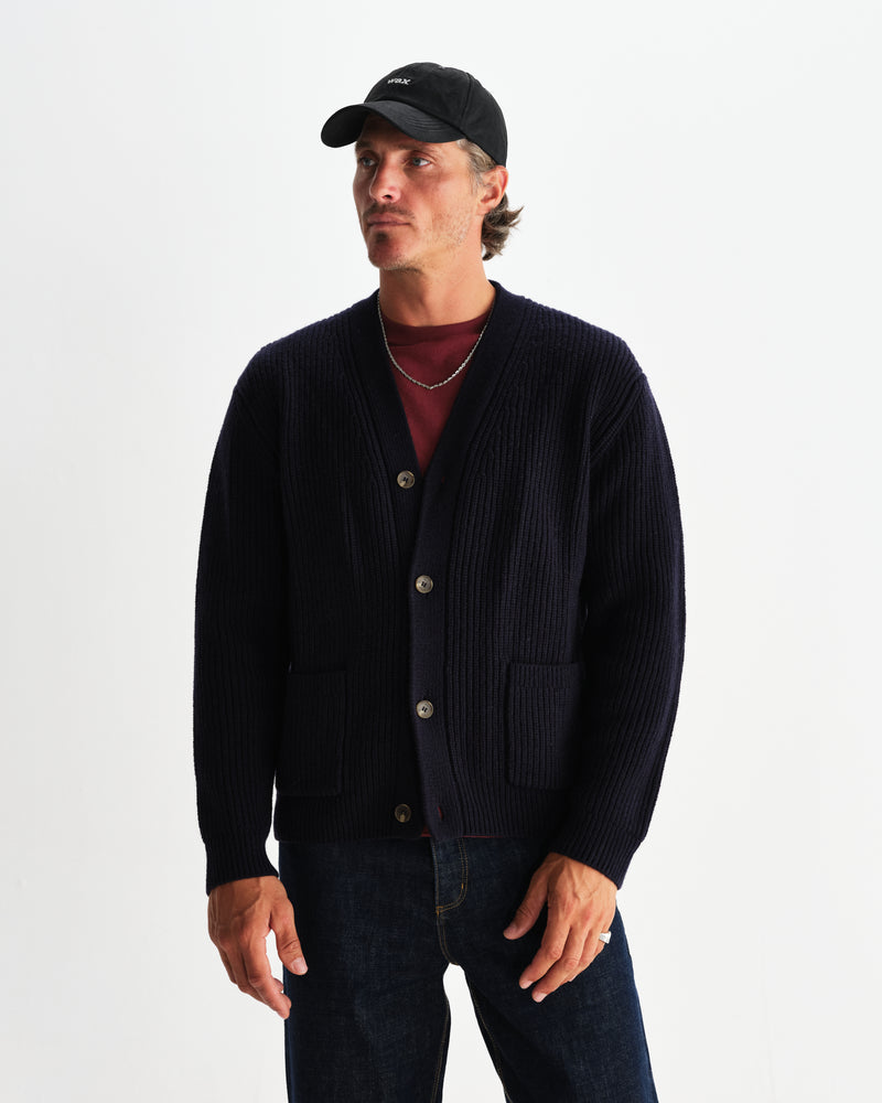 wax london men's Walker - Navy Rib Stitch Knit Cardigan