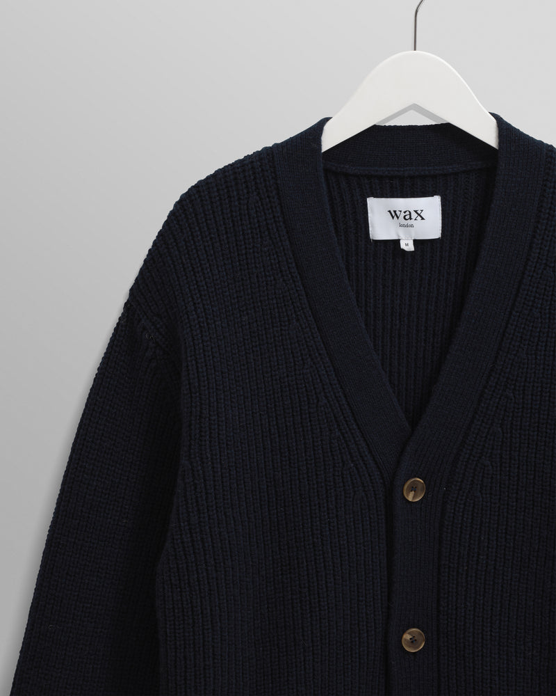 wax london men's Walker - Navy Rib Stitch Knit Cardigan