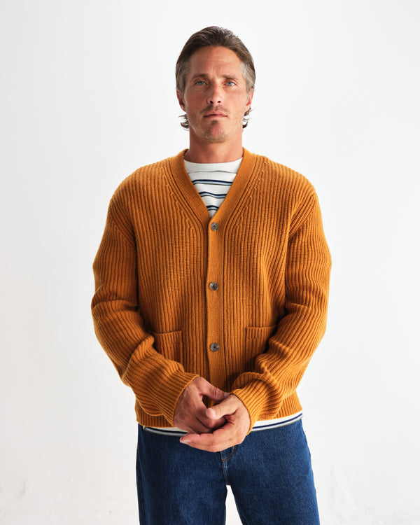 wax london men's Walker - Ochre Rib Stitch Knit Cardigan