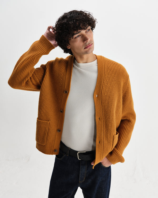 wax london men's Walker - Ochre Rib Stitch Knit Cardigan