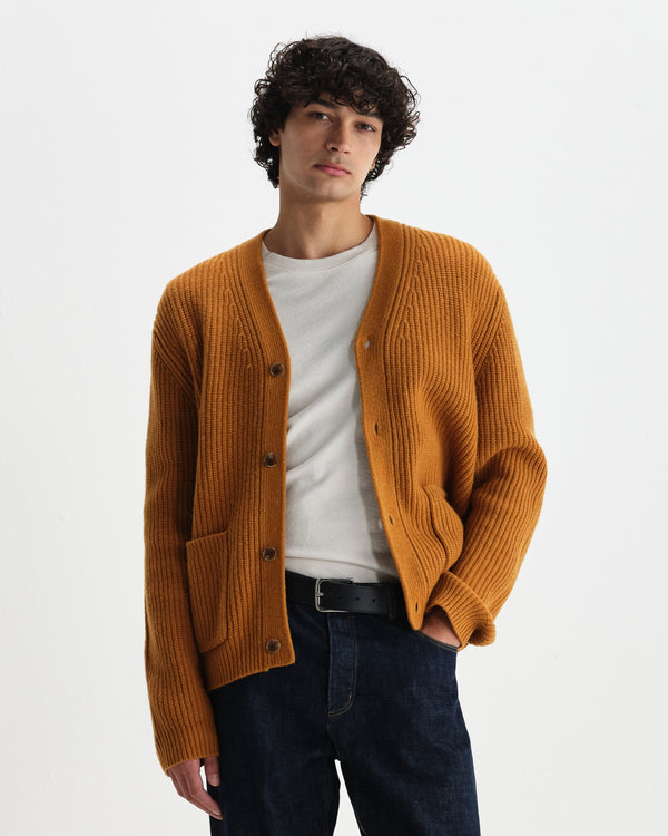 wax london men's Walker - Ochre Rib Stitch Knit Cardigan