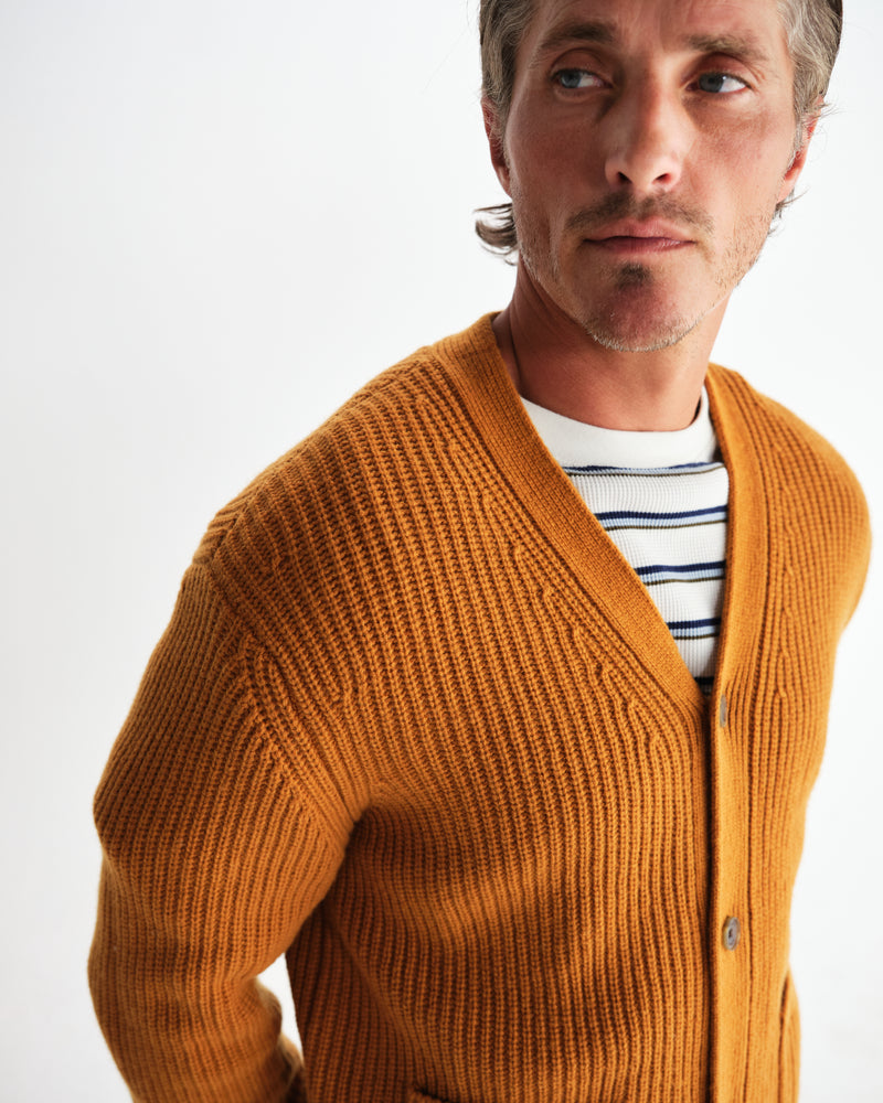 wax london men's Walker - Ochre Rib Stitch Knit Cardigan