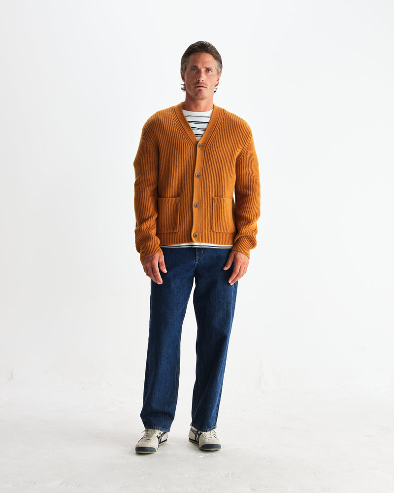 wax london men's Walker - Ochre Rib Stitch Knit Cardigan