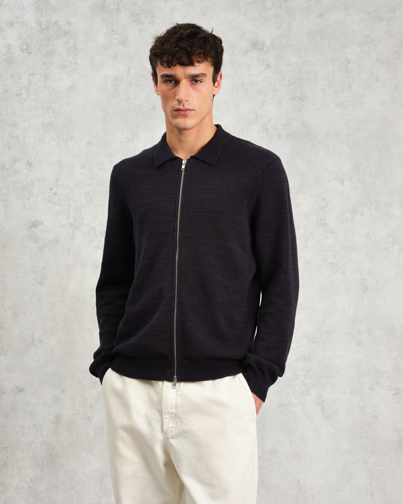 wax london Wayfarer - Navy Slub Cotton And Linen Cardigan