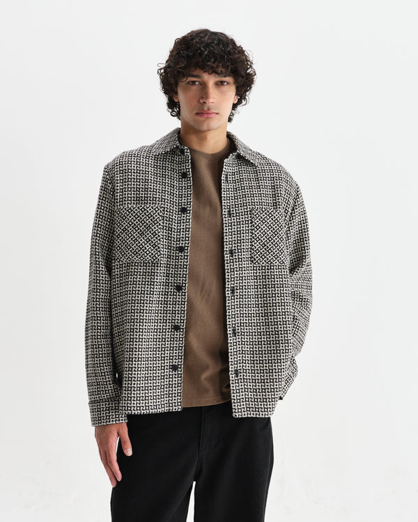 wax london men's Whiting - Black And Ecru Dizzy Weave Overshirt