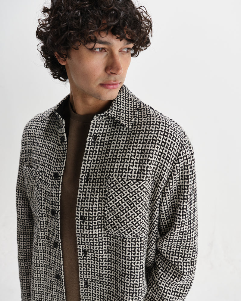 wax london men's Whiting - Black And Ecru Dizzy Weave Overshirt