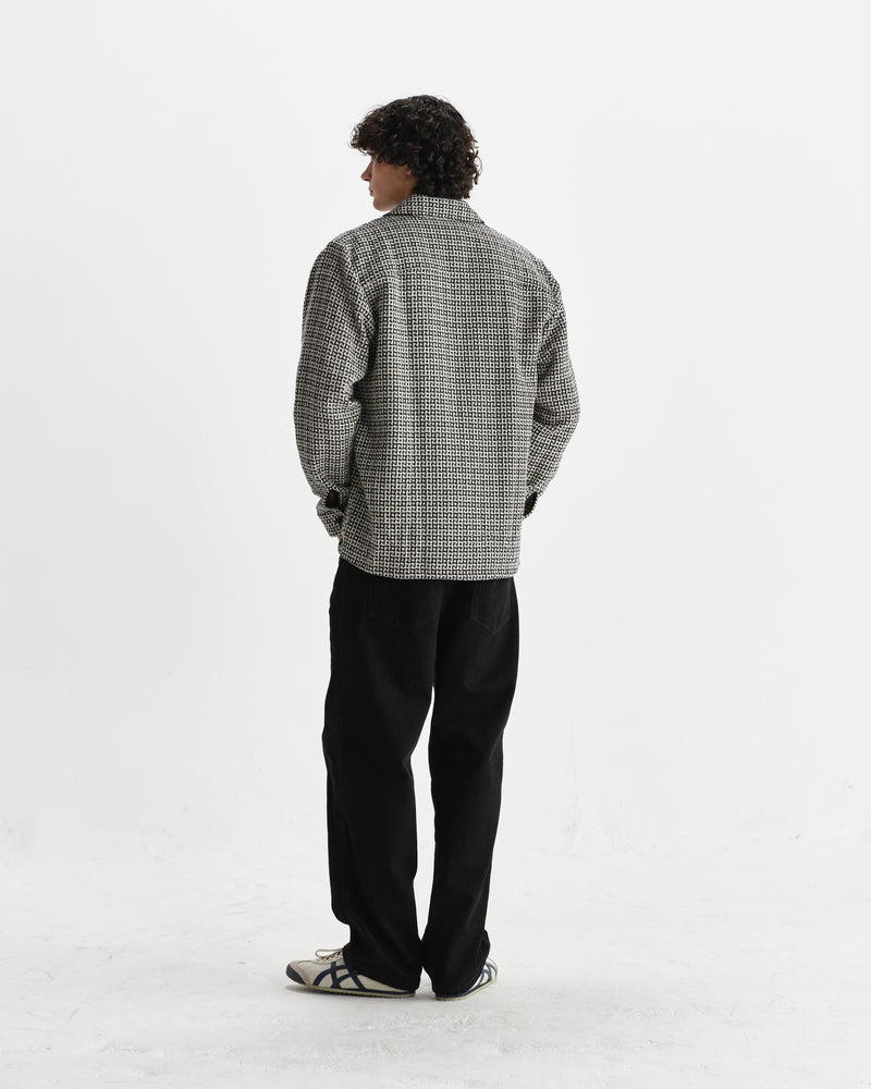 wax london men's Whiting - Black And Ecru Dizzy Weave Overshirt