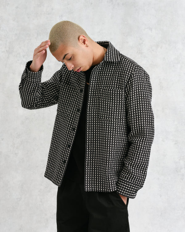 wax london men's Whiting - Black And Ecru Frome Overshirt
