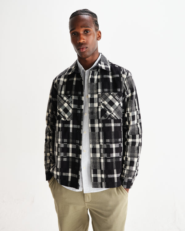 wax london men's Whiting - Black And Ecru Glitch Check Overshirt