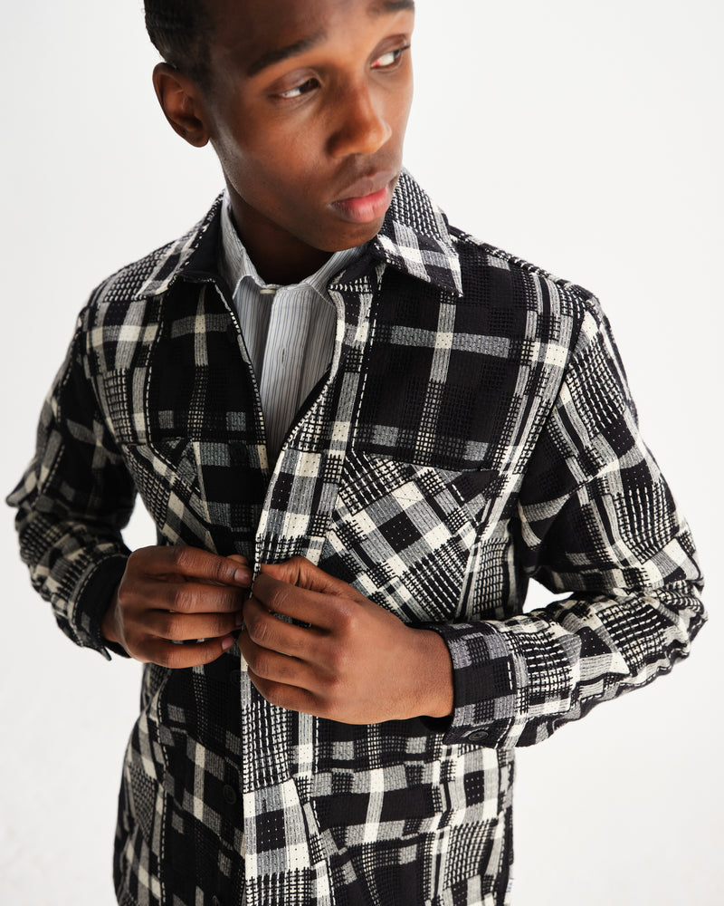 wax london men's Whiting - Black And Ecru Glitch Check Overshirt