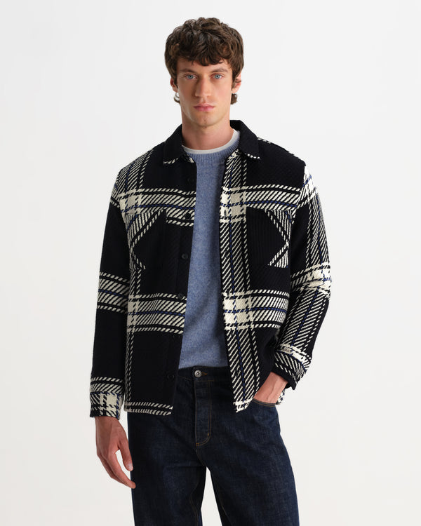 wax london men's Whiting - Black And Ecru Oversize Grid Check Overshirt