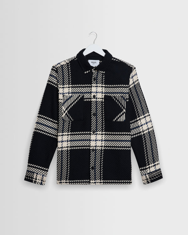 wax london men's Whiting - Black And Ecru Oversize Grid Check Overshirt