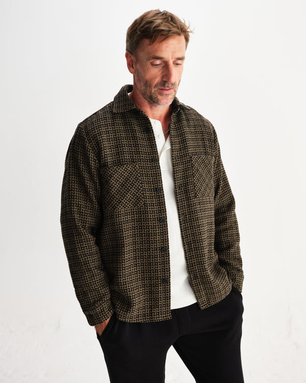 wax london men's Whiting - Black And Khaki Dizzy Weave Overshirt