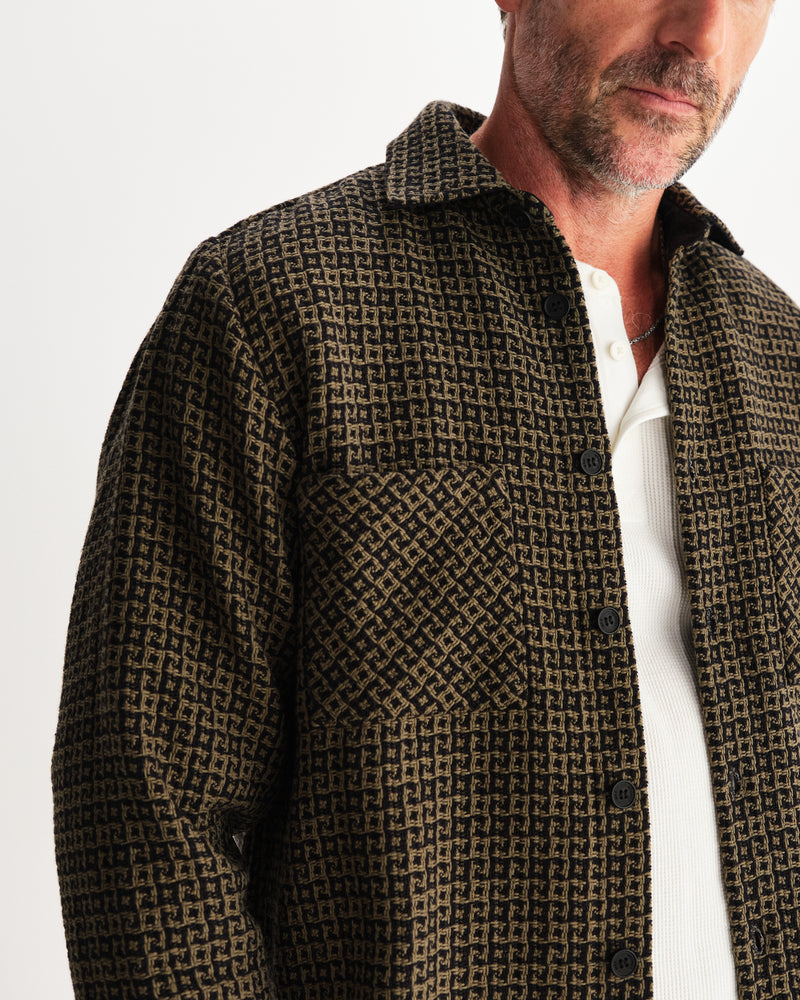 wax london men's Whiting - Black And Khaki Dizzy Weave Overshirt