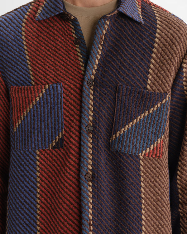 wax london men's Whiting - Blue And Brown Walter Stripe Overshirt