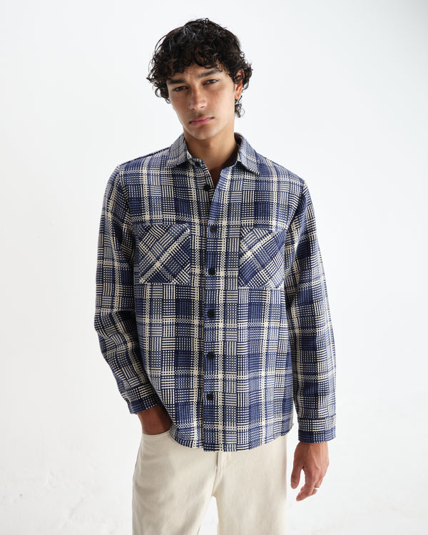 wax london men's Whiting - Blue And Ecru Basket Weave Overshirt