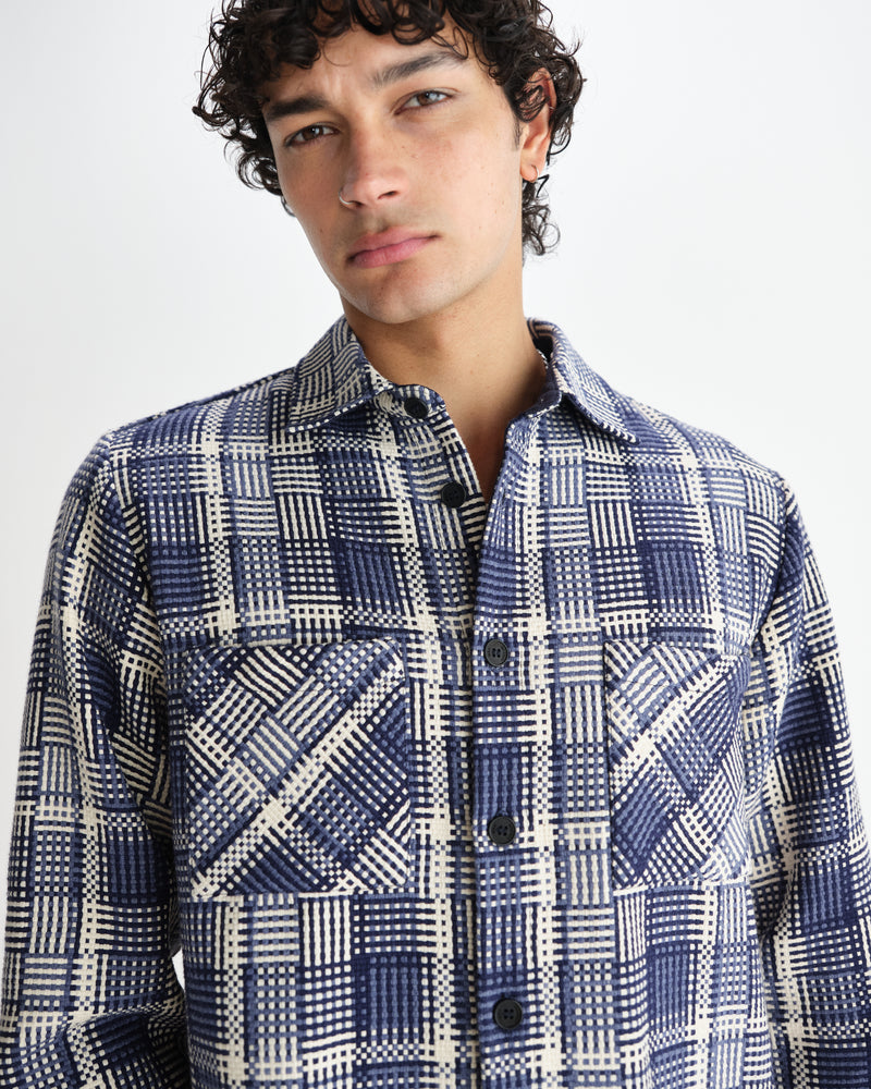 wax london men's Whiting - Blue And Ecru Basket Weave Overshirt